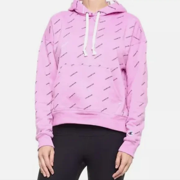 Champion Women's Powerblend Hoodie All Over Print Logo Pull Over - Picture 1 of 7